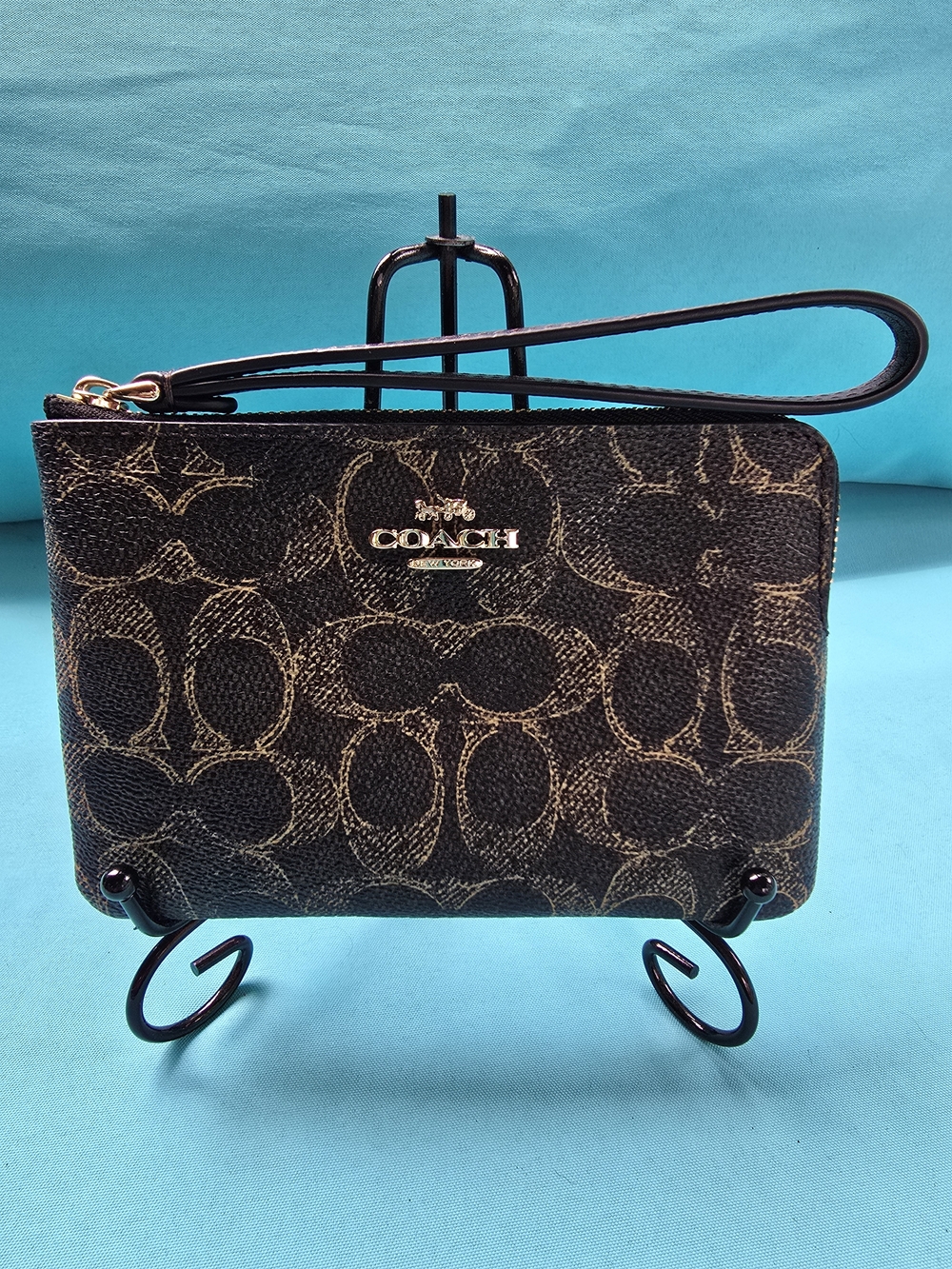 Coach Black Signature Canvas Wristlet with Gold Hardware